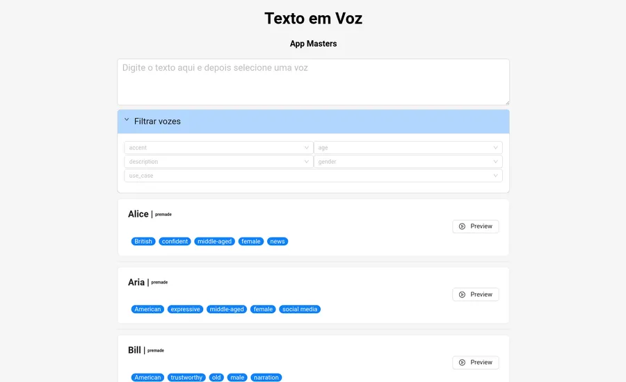 Aplicação web de síntese de voz Texto em Voz
